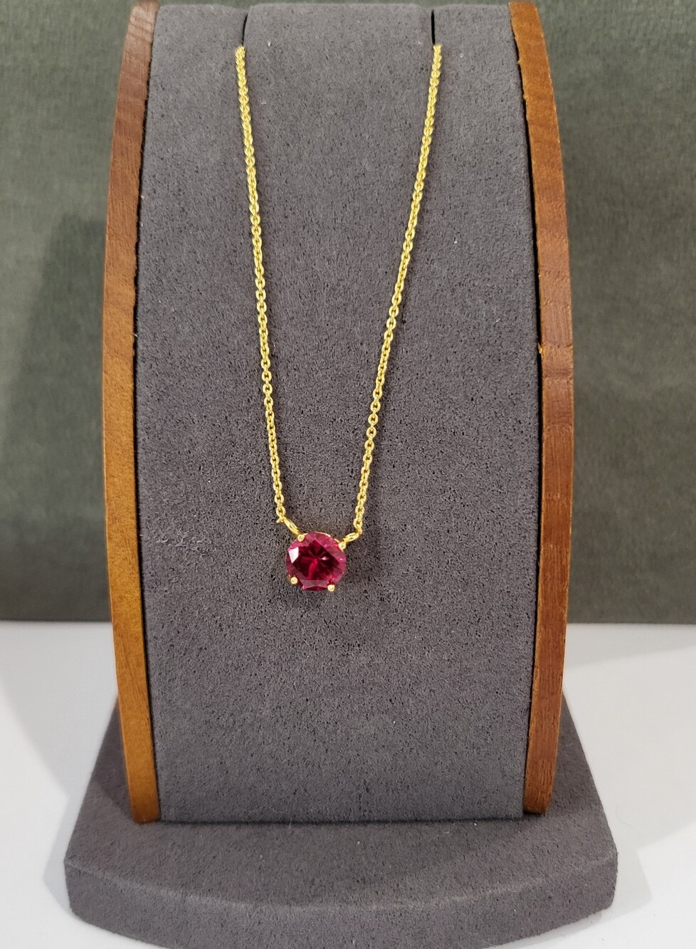 Gold Over 925 Sterling Silver Chain Necklace with Lab Ruby Solitaire Gem